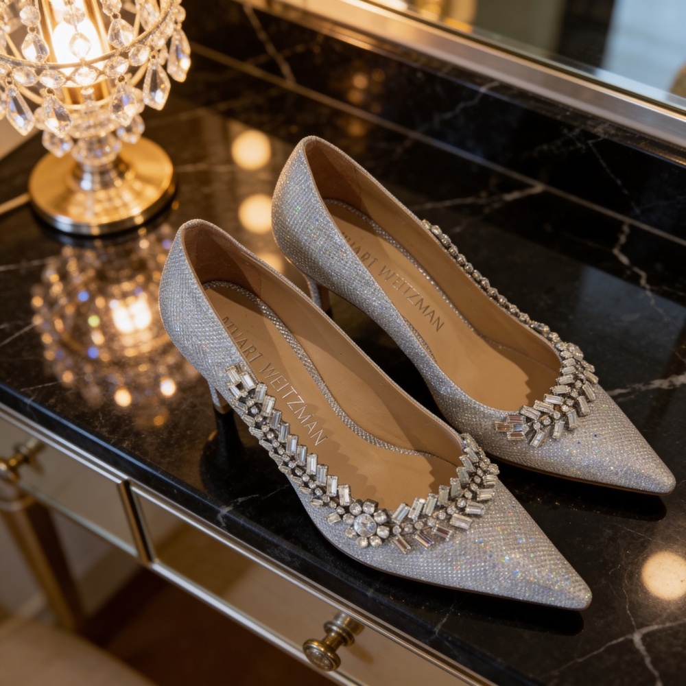 Stuart Weitzman Silver Crystal-Embellished Pointed Pumps 10 NEW